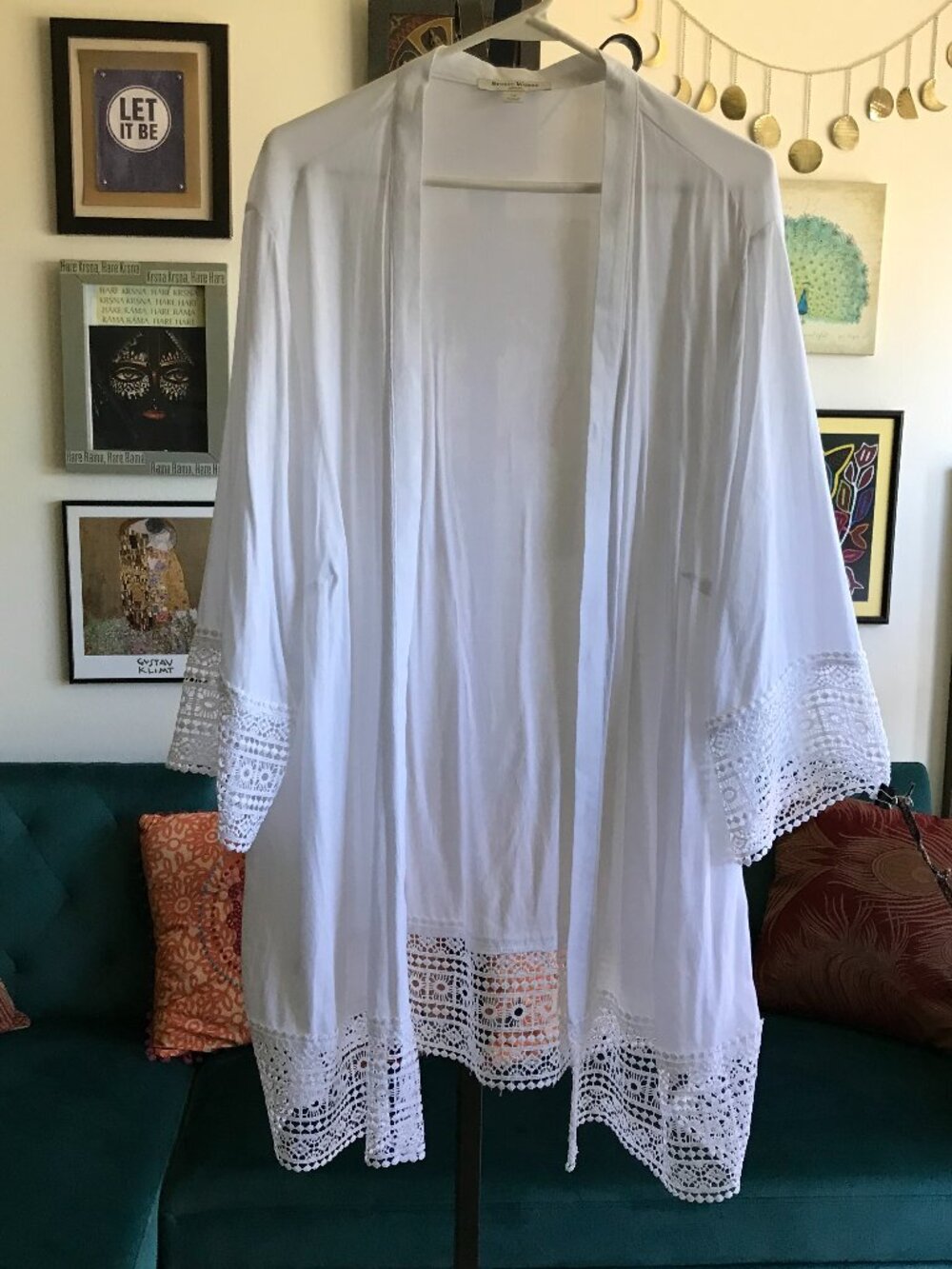 STUDIO WORKS size 3X White Rayon Crepe Open Front Lace Accent Topper Cardigan